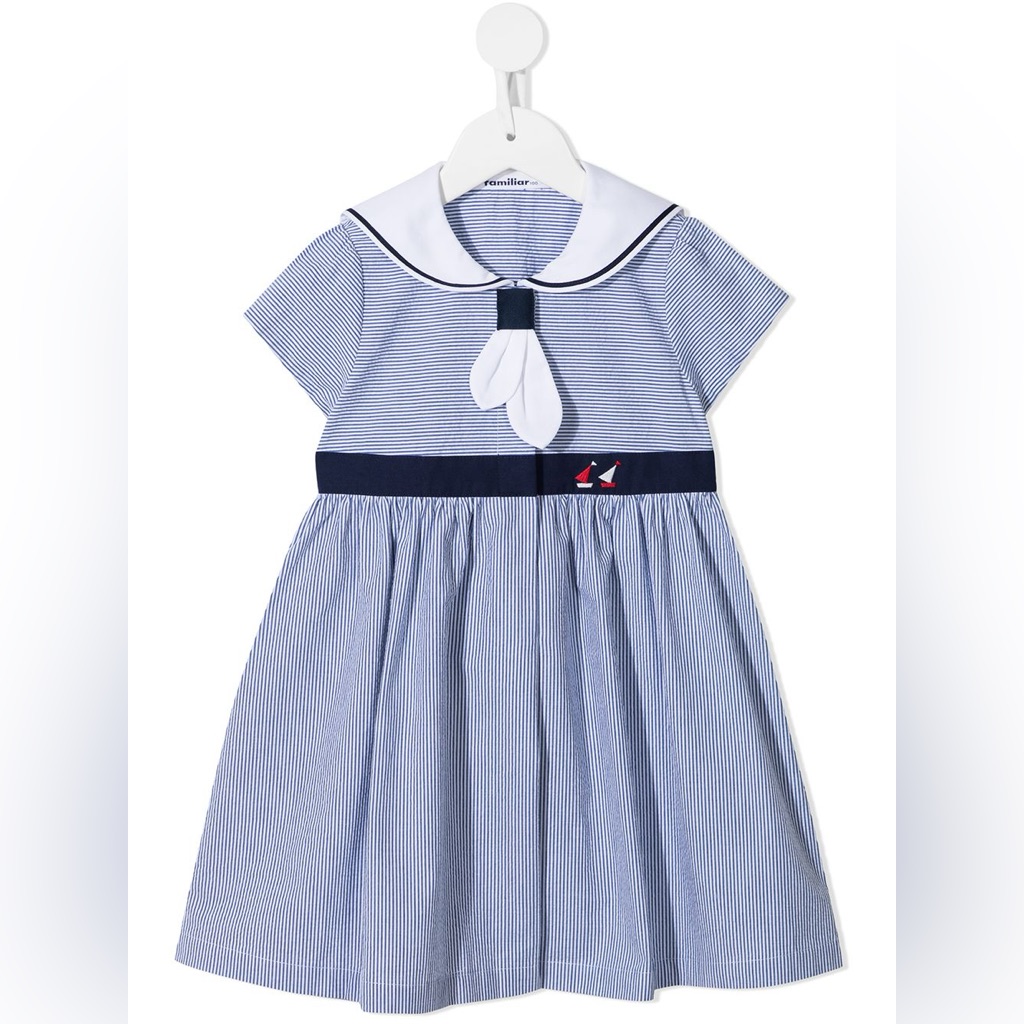 Familiar Girls Sailor Style Blue White Stripe Dress Nautical White Collar